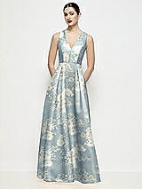 Front View Thumbnail - Porcelain Blue Seraphina Floral Sleeveless V-neck Floral Satin Maxi Dress with Pleated Skirt