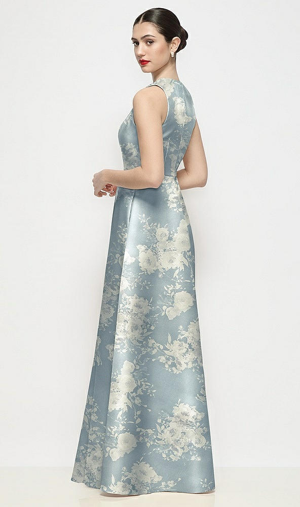 Back View - Porcelain Blue Seraphina Floral Sleeveless V-neck Floral Satin Maxi Dress with Pleated Skirt