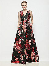 Front View Thumbnail - Wine Black Multi Sleeveless V-neck Fleur de Villes Satin Maxi Dress with Pleated Skirt