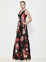 Side View Thumbnail - Wine Black Multi Sleeveless V-neck Fleur de Villes Satin Maxi Dress with Pleated Skirt