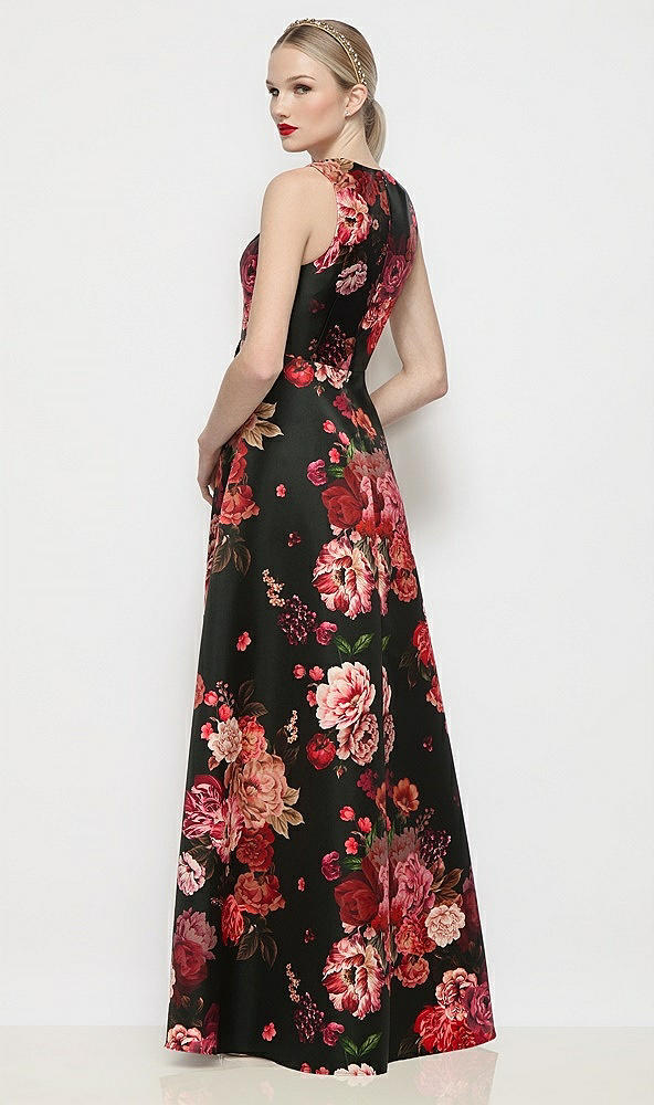 Back View - Wine Black Multi Sleeveless V-neck Fleur de Villes Satin Maxi Dress with Pleated Skirt