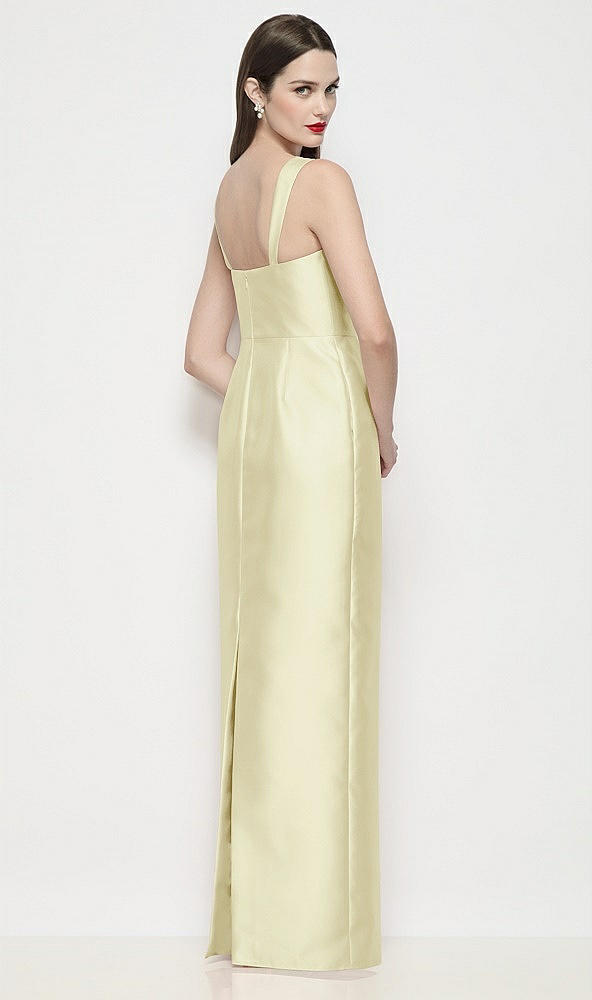 Back View - Butter Yellow Shaped Strap Basque Neck Satin Maxi Dress with Column Skirt