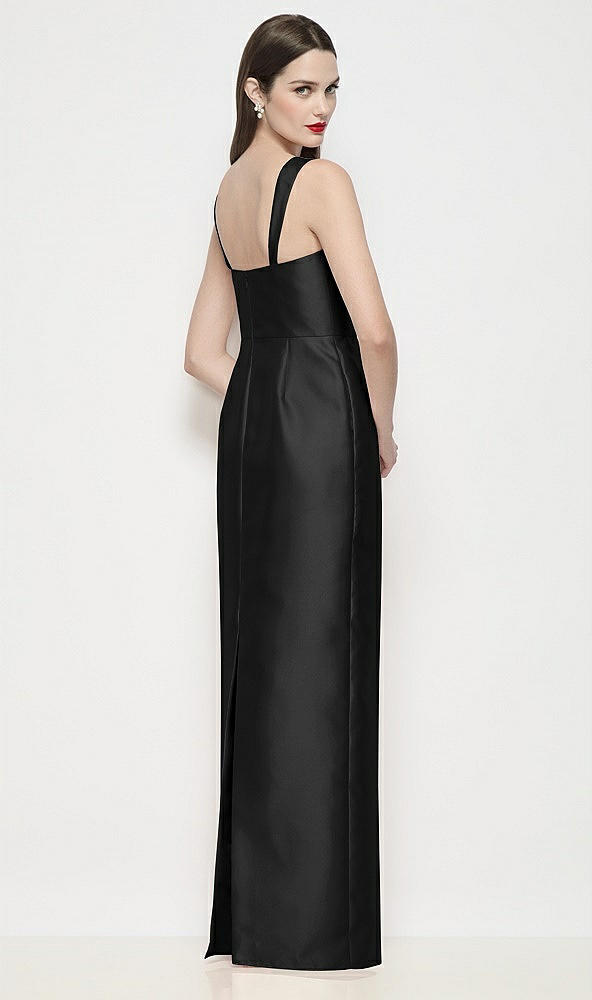 Back View - Black Shaped Strap Basque Neck Satin Maxi Dress with Column Skirt