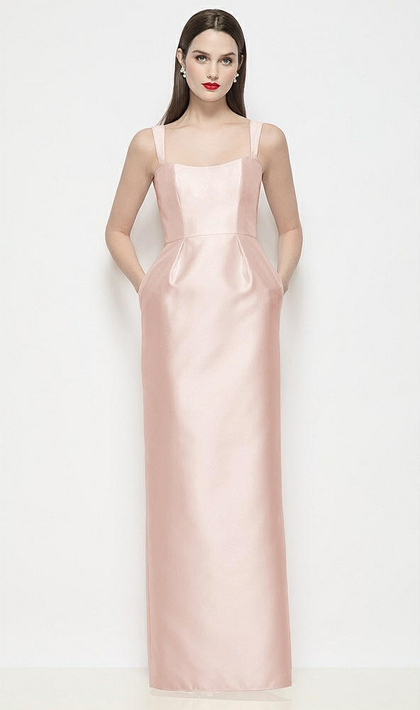Front View - Blush Shaped Strap Basque Neck Satin Maxi Dress with Column Skirt