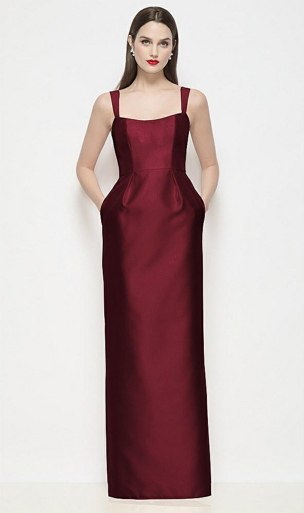 Front View - Cabernet Shaped Strap Basque Neck Satin Maxi Dress with Column Skirt