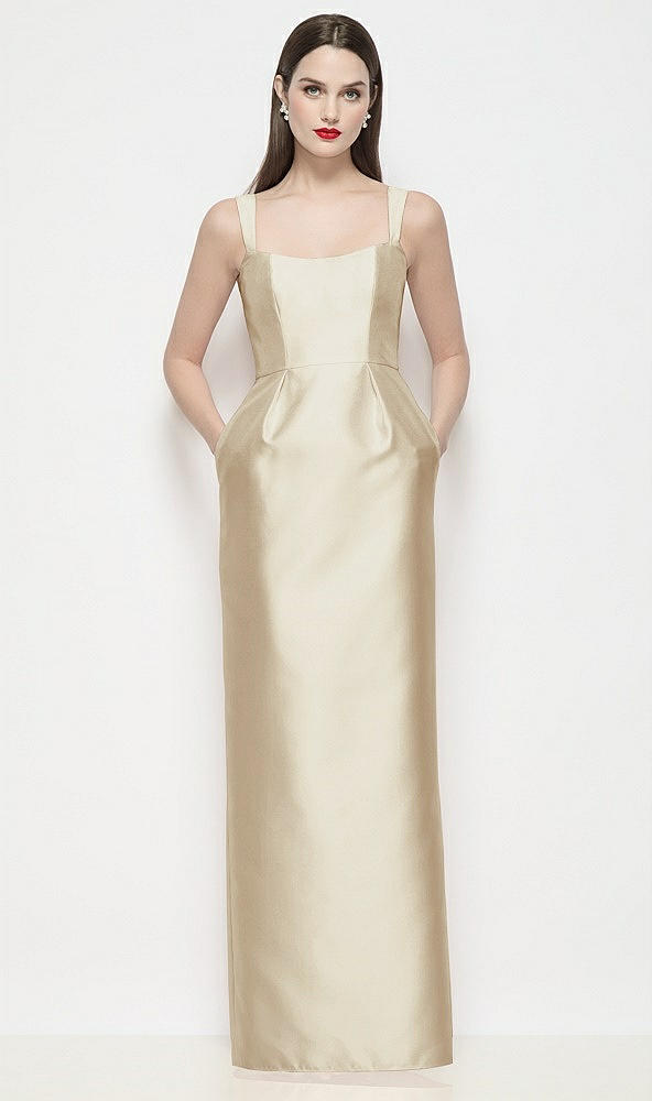 Front View - Champagne Shaped Strap Basque Neck Satin Maxi Dress with Column Skirt