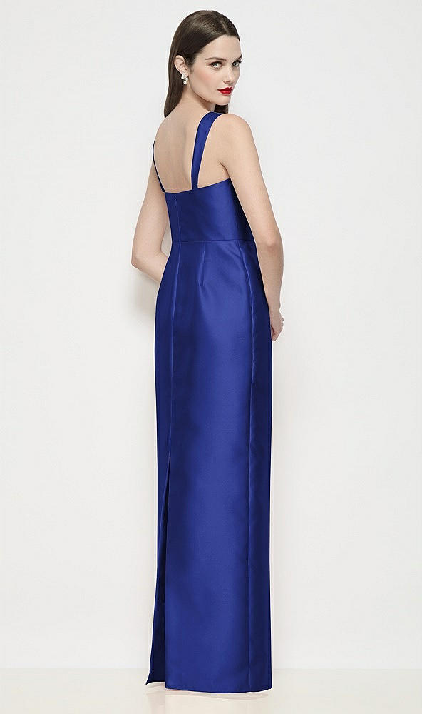 Back View - Cobalt Blue Shaped Strap Basque Neck Satin Maxi Dress with Column Skirt