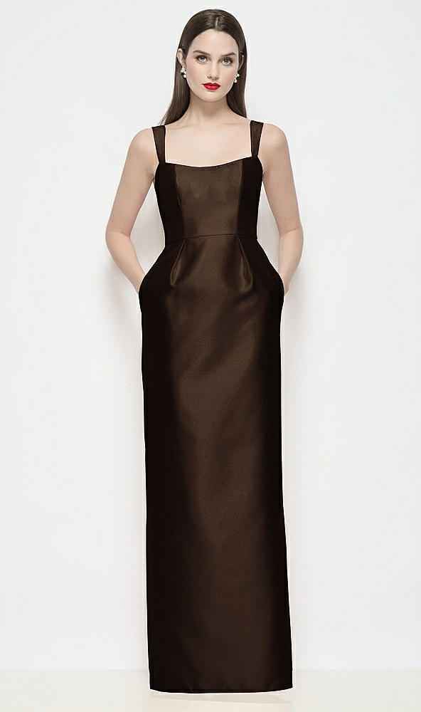 Front View - Espresso Shaped Strap Basque Neck Satin Maxi Dress with Column Skirt