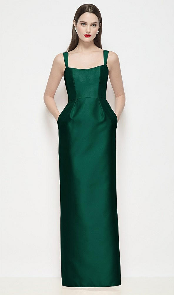 Front View - Hunter Green Shaped Strap Basque Neck Satin Maxi Dress with Column Skirt