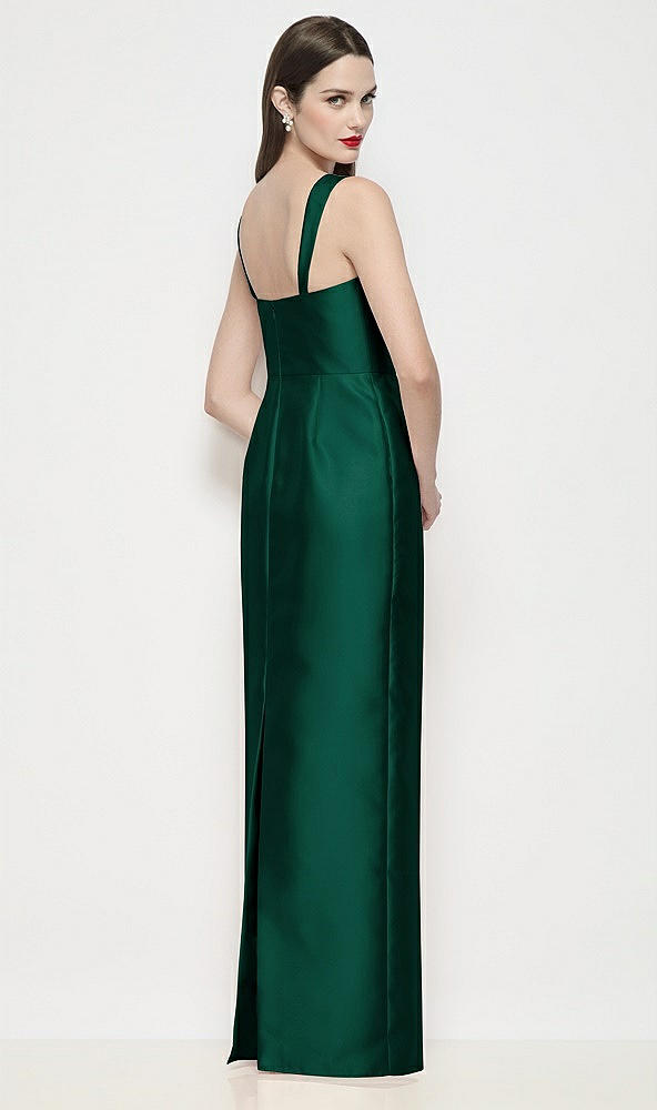 Back View - Hunter Green Shaped Strap Basque Neck Satin Maxi Dress with Column Skirt