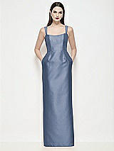 Front View Thumbnail - Larkspur Blue Shaped Strap Basque Neck Satin Maxi Dress with Column Skirt