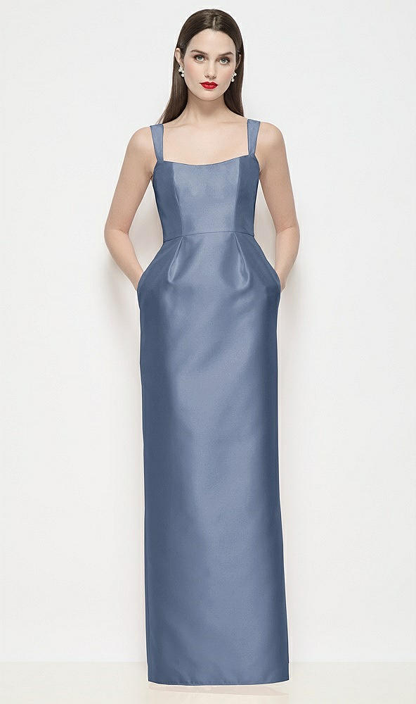 Front View - Larkspur Blue Shaped Strap Basque Neck Satin Maxi Dress with Column Skirt