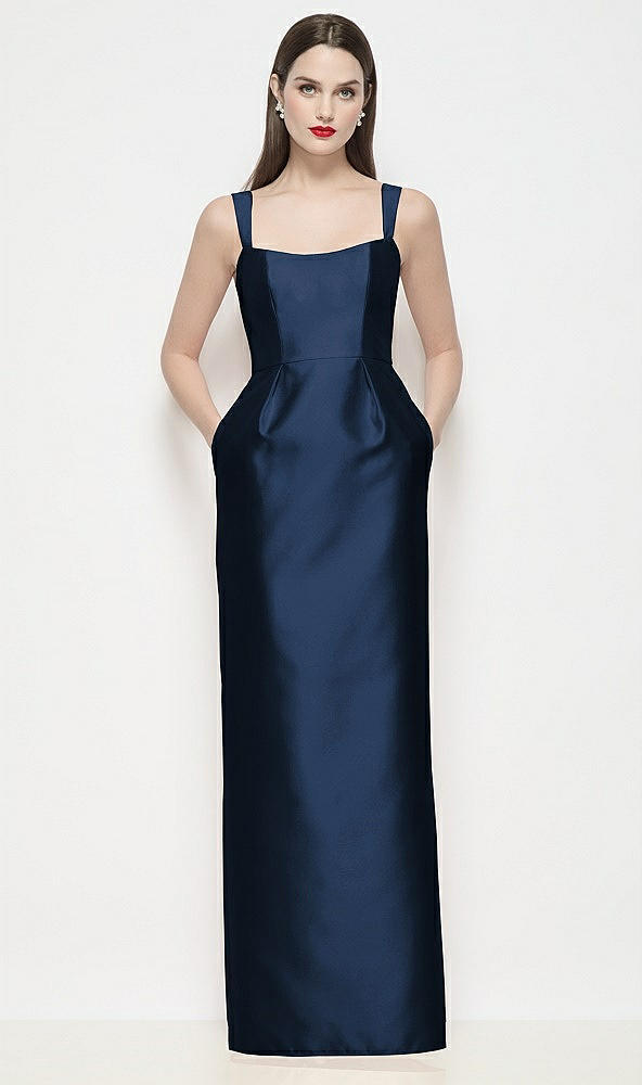 Front View - Midnight Navy Shaped Strap Basque Neck Satin Maxi Dress with Column Skirt