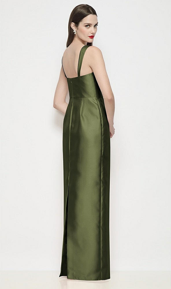 Back View - Olive Green Shaped Strap Basque Neck Satin Maxi Dress with Column Skirt