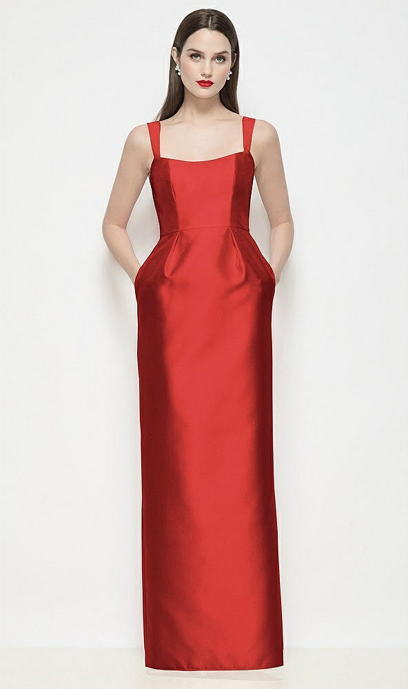 Front View - Poppy Red Shaped Strap Basque Neck Satin Maxi Dress with Column Skirt