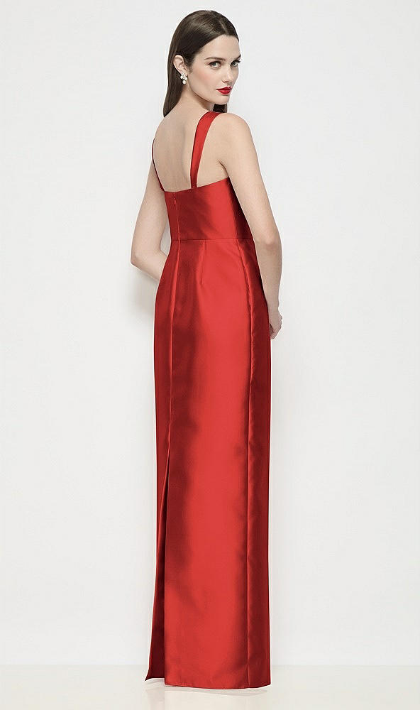 Back View - Poppy Red Shaped Strap Basque Neck Satin Maxi Dress with Column Skirt