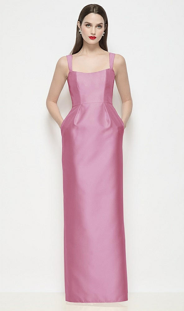 Front View - Powder Pink Shaped Strap Basque Neck Satin Maxi Dress with Column Skirt