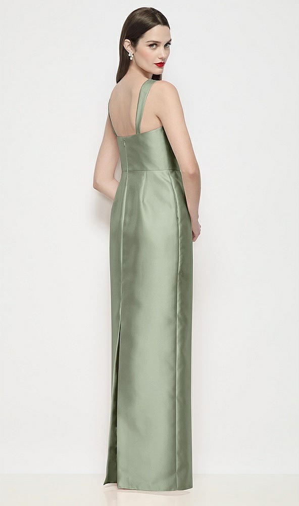 Back View - Sage Shaped Strap Basque Neck Satin Maxi Dress with Column Skirt