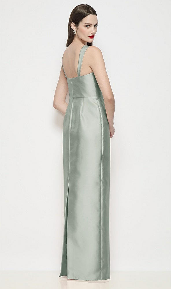 Back View - Willow Green Shaped Strap Basque Neck Satin Maxi Dress with Column Skirt