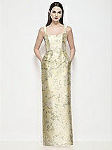 Front View Thumbnail - Butter Yellow Floral Shaped Strap Basque Neck Floral Satin Maxi Dress with Column Skirt