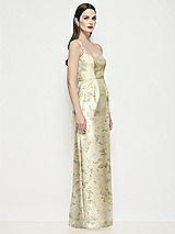 Side View Thumbnail - Butter Yellow Floral Shaped Strap Basque Neck Floral Satin Maxi Dress with Column Skirt
