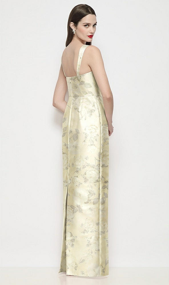 Back View - Butter Yellow Floral Shaped Strap Basque Neck Floral Satin Maxi Dress with Column Skirt