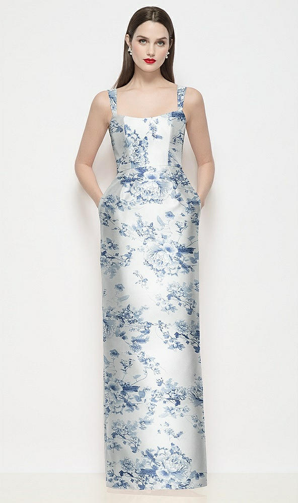 Front View - Cottage Rose Larkspur Shaped Strap Basque Neck Floral Satin Maxi Dress with Column Skirt