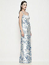 Side View Thumbnail - Cottage Rose Larkspur Shaped Strap Basque Neck Floral Satin Maxi Dress with Column Skirt