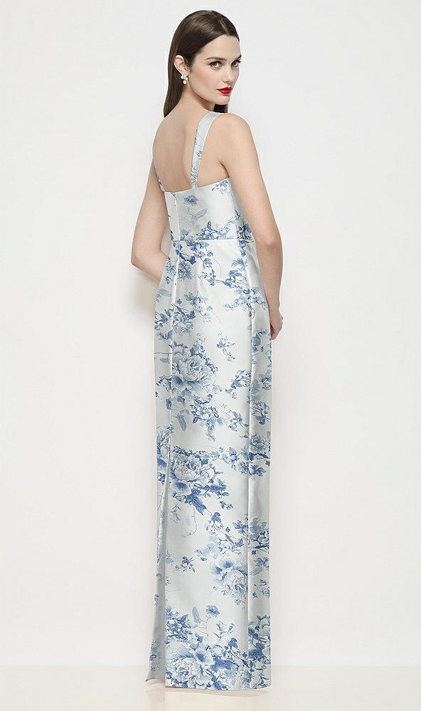 Back View - Cottage Rose Larkspur Shaped Strap Basque Neck Floral Satin Maxi Dress with Column Skirt