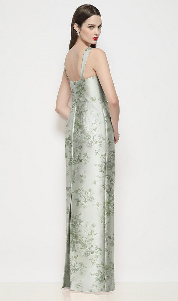 Back View - Sage Cottage Rose Shaped Strap Basque Neck Floral Satin Maxi Dress with Column Skirt