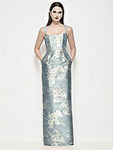 Front View Thumbnail - Porcelain Blue Seraphina Floral Shaped Strap Basque Neck Floral Satin Maxi Dress with Column Skirt