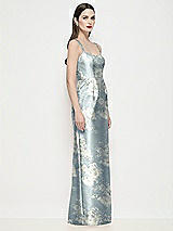 Side View Thumbnail - Porcelain Blue Seraphina Floral Shaped Strap Basque Neck Floral Satin Maxi Dress with Column Skirt