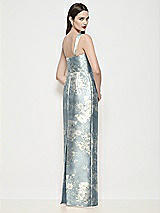 Rear View Thumbnail - Porcelain Blue Seraphina Floral Shaped Strap Basque Neck Floral Satin Maxi Dress with Column Skirt