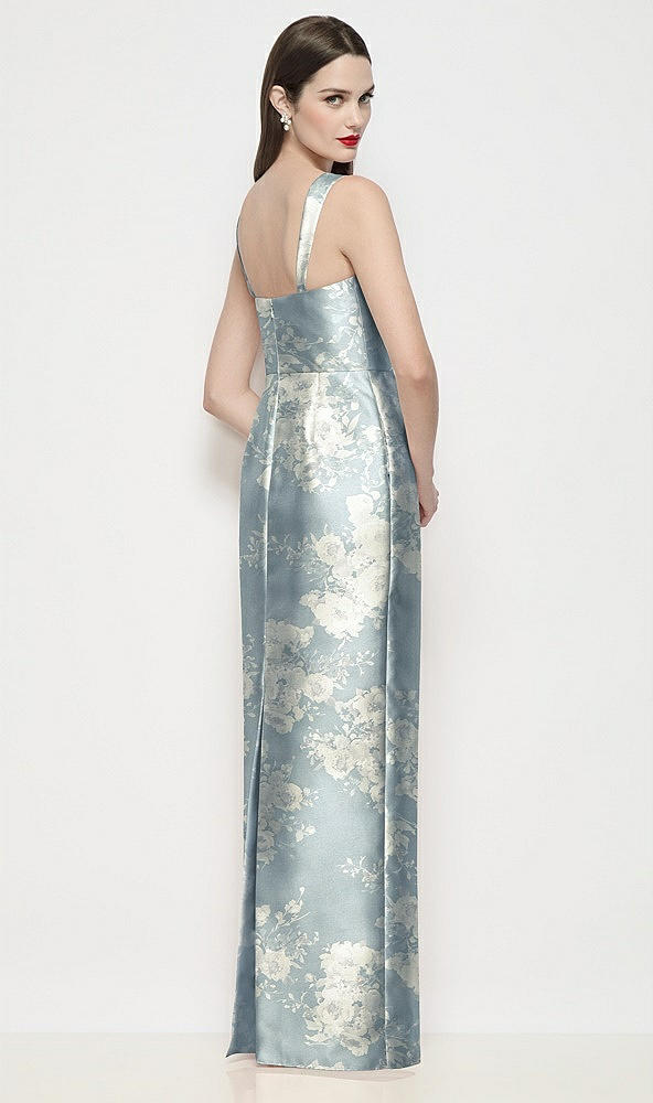 Back View - Porcelain Blue Seraphina Floral Shaped Strap Basque Neck Floral Satin Maxi Dress with Column Skirt