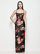 Front View Thumbnail - Wine Black Multi Shaped Strap Basque Neck Fleur de Villes Satin Maxi Dress with Column Skirt
