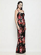 Side View Thumbnail - Wine Black Multi Shaped Strap Basque Neck Fleur de Villes Satin Maxi Dress with Column Skirt
