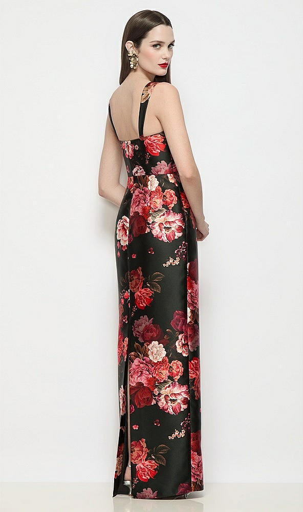 Back View - Wine Black Multi Shaped Strap Basque Neck Fleur de Villes Satin Maxi Dress with Column Skirt