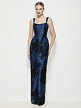 Front View Thumbnail - Soft Navy / Black Shaped Strap Basque Neck Flocked Floral Satin Maxi Dress with Column Skirt