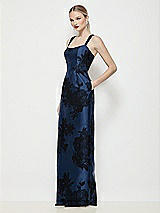 Side View Thumbnail - Soft Navy / Black Shaped Strap Basque Neck Flocked Floral Satin Maxi Dress with Column Skirt