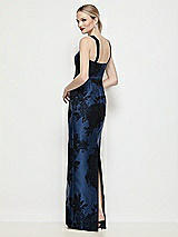 Rear View Thumbnail - Soft Navy / Black Shaped Strap Basque Neck Flocked Floral Satin Maxi Dress with Column Skirt