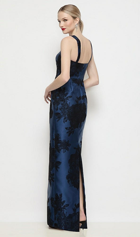 Back View - Soft Navy / Black Shaped Strap Basque Neck Flocked Floral Satin Maxi Dress with Column Skirt