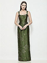 Front View Thumbnail - Olive / Gold Shaped Strap Basque Neck Embossed Gilt Floral Satin Column Maxi Dress