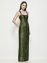 Side View Thumbnail - Olive / Gold Shaped Strap Basque Neck Embossed Gilt Floral Satin Column Maxi Dress