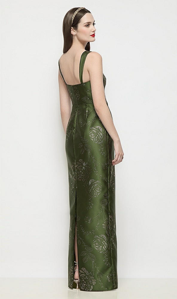 Back View - Olive / Gold Shaped Strap Basque Neck Embossed Gilt Floral Satin Column Maxi Dress