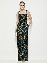 Front View Thumbnail - Peacock Blue Multi Shaped Strap Basque Neck Luna Organza Jacquard Floral Maxi Dress with Column Skirt