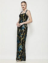 Side View Thumbnail - Peacock Blue Multi Shaped Strap Basque Neck Luna Organza Jacquard Floral Maxi Dress with Column Skirt