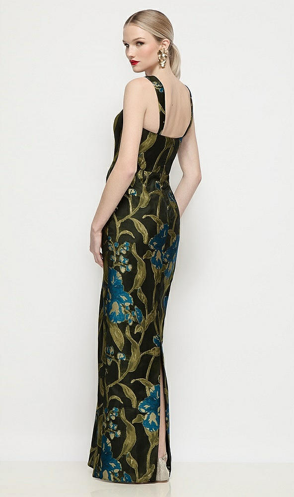 Back View - Peacock Blue Multi Shaped Strap Basque Neck Luna Organza Jacquard Floral Maxi Dress with Column Skirt