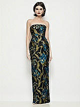 Front View Thumbnail - Peacock Blue Multi Strapless Luna Organza Jacquard Floral Maxi Dress with Pleated Column Skirt