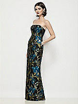 Side View Thumbnail - Peacock Blue Multi Strapless Luna Organza Jacquard Floral Maxi Dress with Pleated Column Skirt