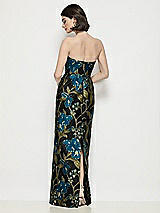 Rear View Thumbnail - Peacock Blue Multi Strapless Luna Organza Jacquard Floral Maxi Dress with Pleated Column Skirt